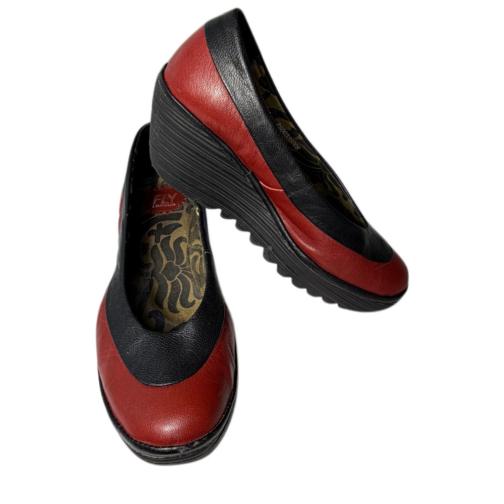Fly London Yoko Red Black Colorblock Leather Wedge Platform Pumps 40 Whimsigoth